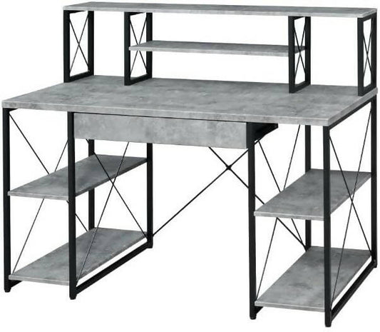 Acme Amiel Wooden 1-Drawer Writing Desk in Faux Concrete and Black with Shelves