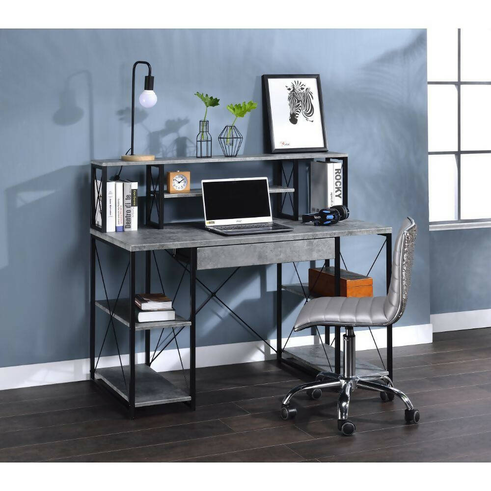 Acme Amiel Wooden 1-Drawer Writing Desk in Faux Concrete and Black with Shelves